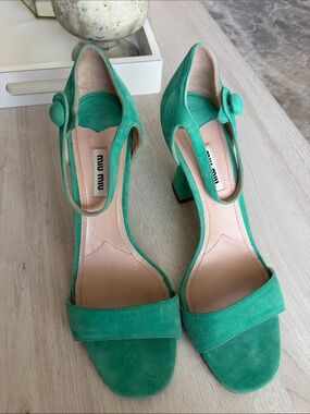 Miu Miu Emerald Green Suede Block Heel Sandals